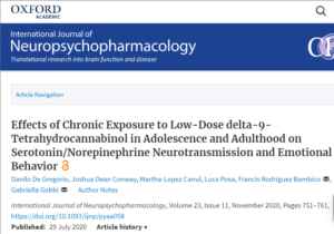 Effects of chronic exposure to low doses of Δ9- tetrahydrocannabinol in adolescence and adulthood on serotonin/norepinephrine neurotransmission and emotional behaviors. 